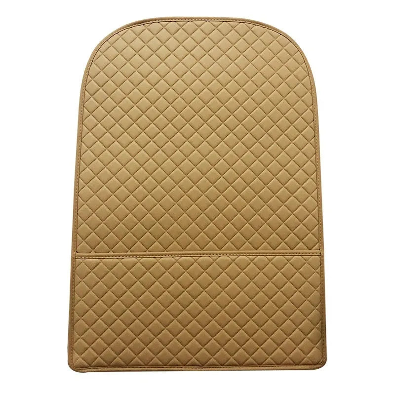 Leather seat anti-kick pad storage bag in black, protecting car seat back from kids' feet.