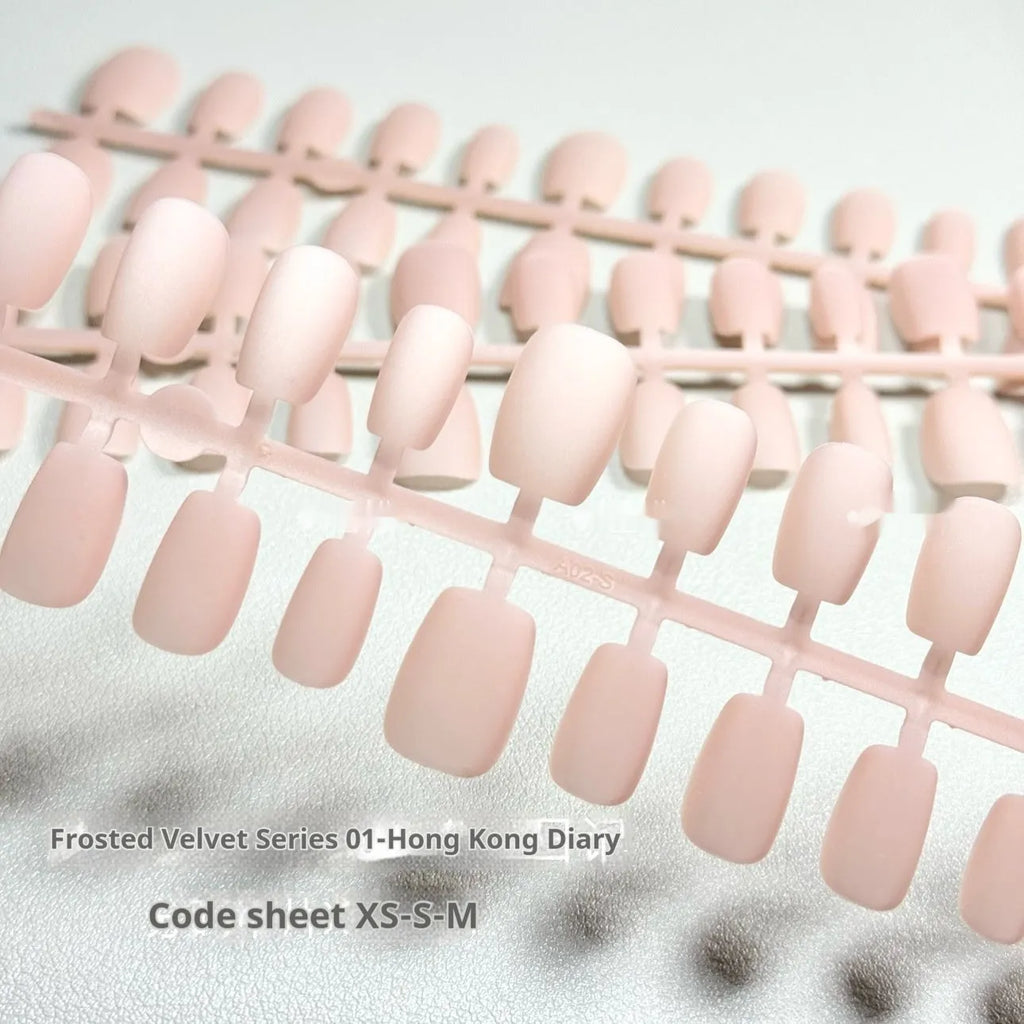 Frosted Velvet Cat's Eye 01 artificial nail set showing electroplated pattern and short ladder sizes on a card.