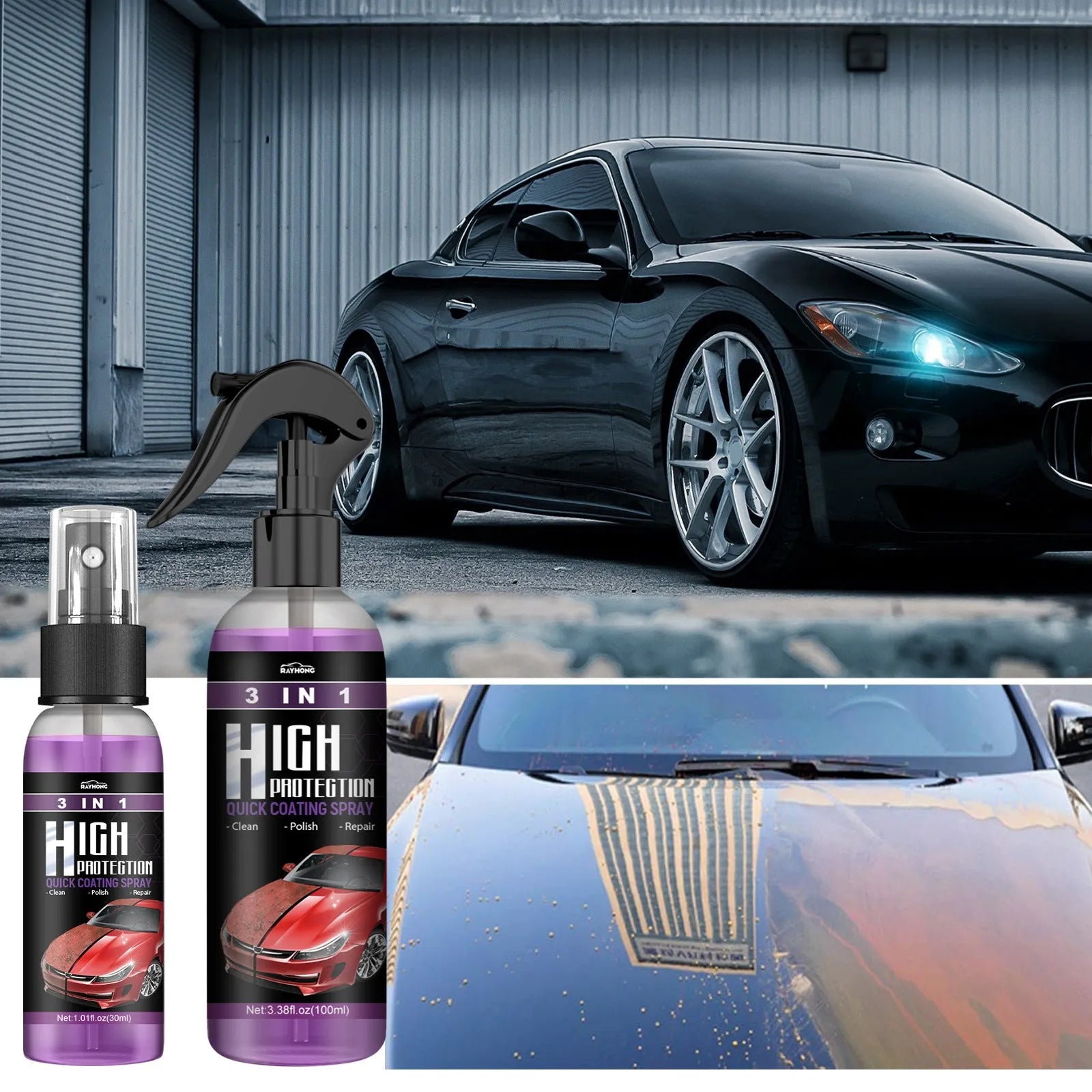3 in 1 high protection fast car paint spray automatic coating agent in 30ml and 100ml PE bottles