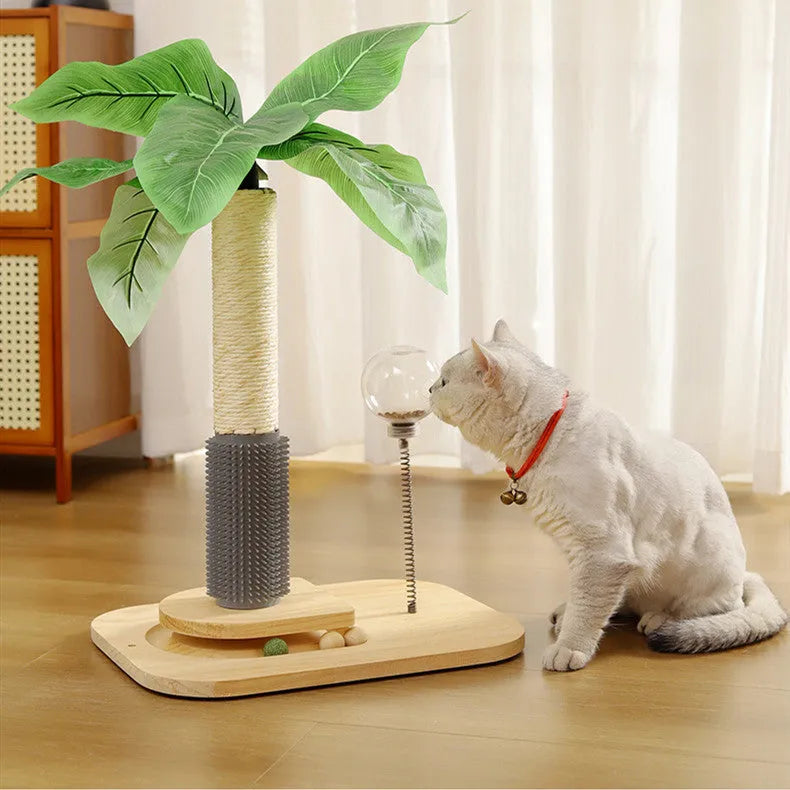 Natural wood vertical cat scratching post with sisal rope and a dangling ball toy on a beige carpet