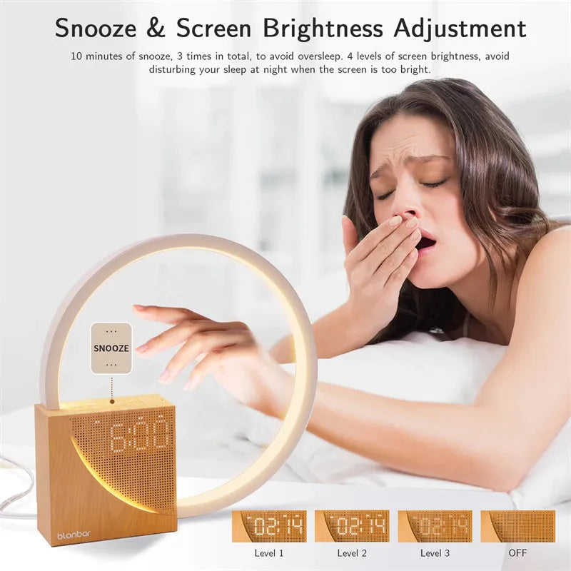 Wooden touch control bedside lamp with alarm clock display and natural sound options