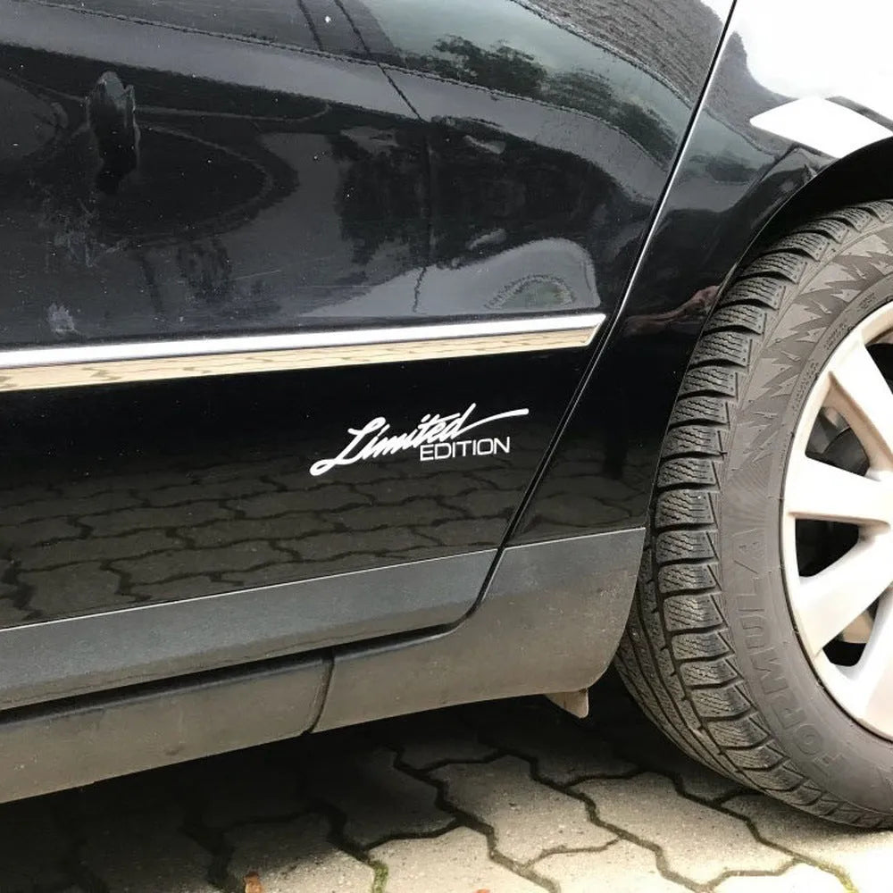 Reflective plastic bumper sticker with English text, shown in black, white, and colourful options.
