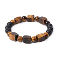 Square amethyst volcanic stone bracelet with rectangular blue stones on wrist