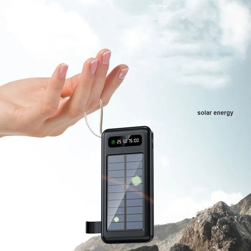 Black and white solar power bank showing front solar panel, dimensions 144mm x 68mm x 16mm, with included USB cable.