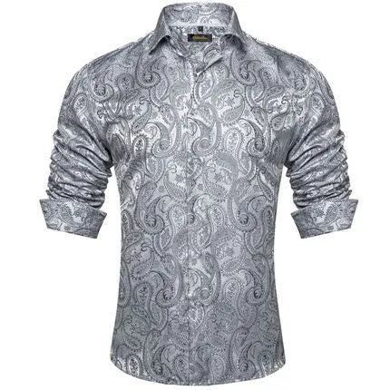 Men's polo collar long sleeve button top shirt with floral pattern, four-way stretch polyester, available in sizes S to 5XL