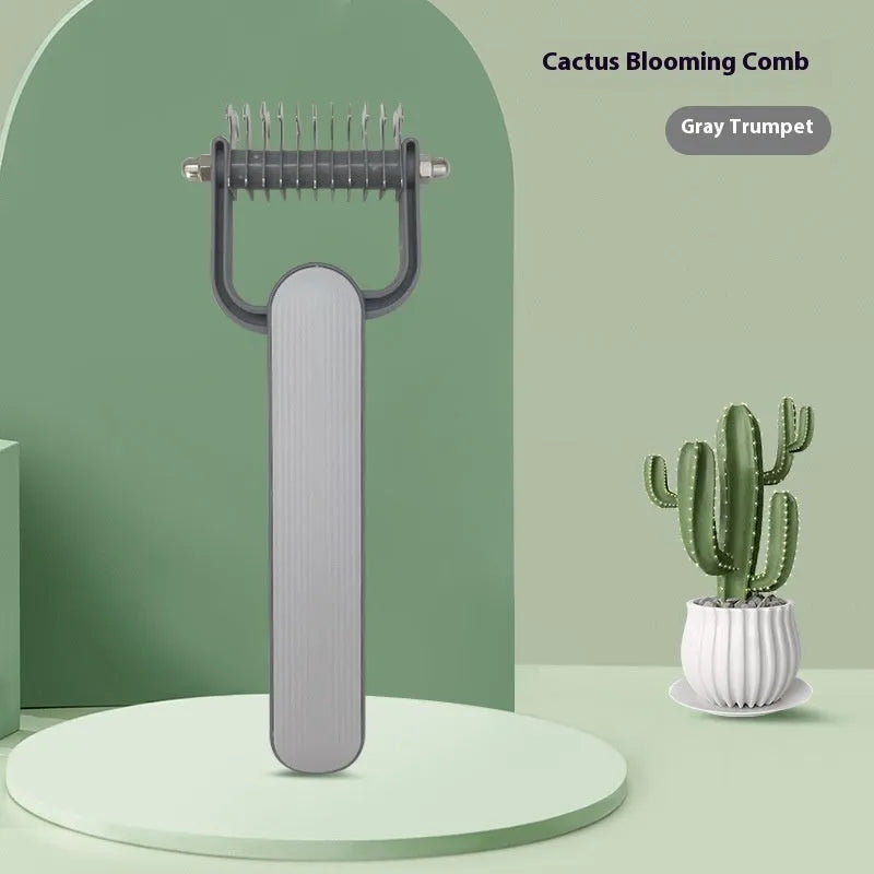 Green and grey dog detangling combs with stainless steel pins, showing large and small size options.