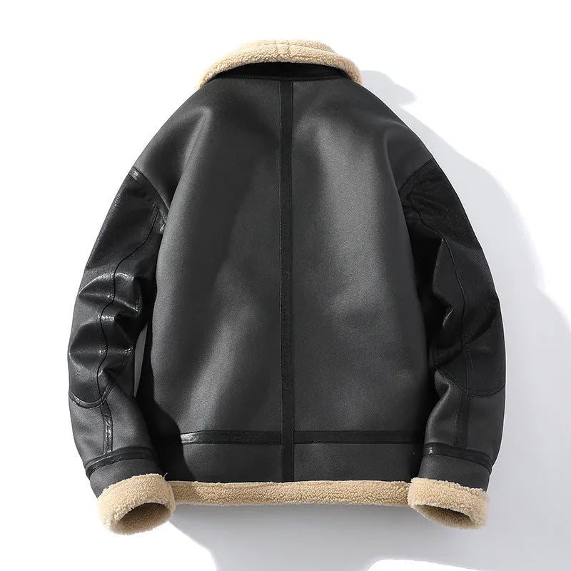 Black men's winter fleece-lined PU leather coat, short retro style, sizes M to 5XL