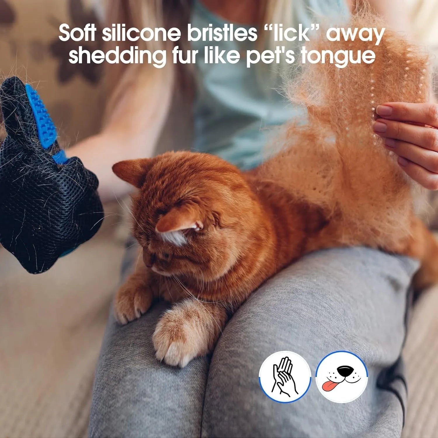 Blue pet grooming gloves with silicone massage tips for dogs cats horses hair removal