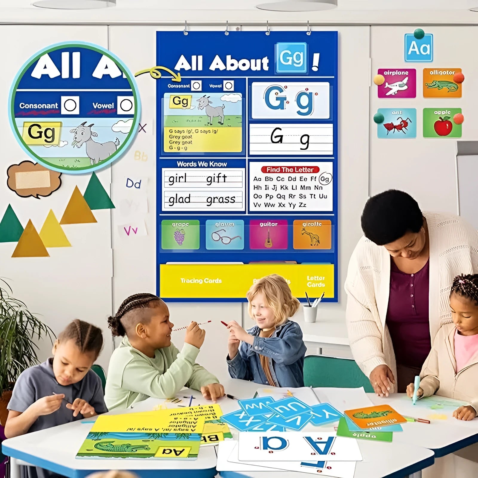 Alphabet learning sleeve table chart with letter cards, word cards, and picture cards displayed.