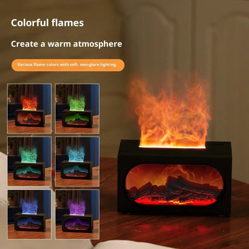 Black desktop fireplace aroma diffuser with colourful simulation flame, showing water tank and controls
