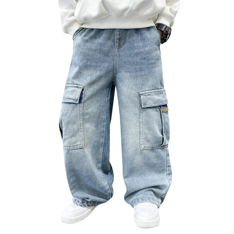 Boys' blue denim mid waist jeans cotton trousers for spring and autumn in multiple height sizes