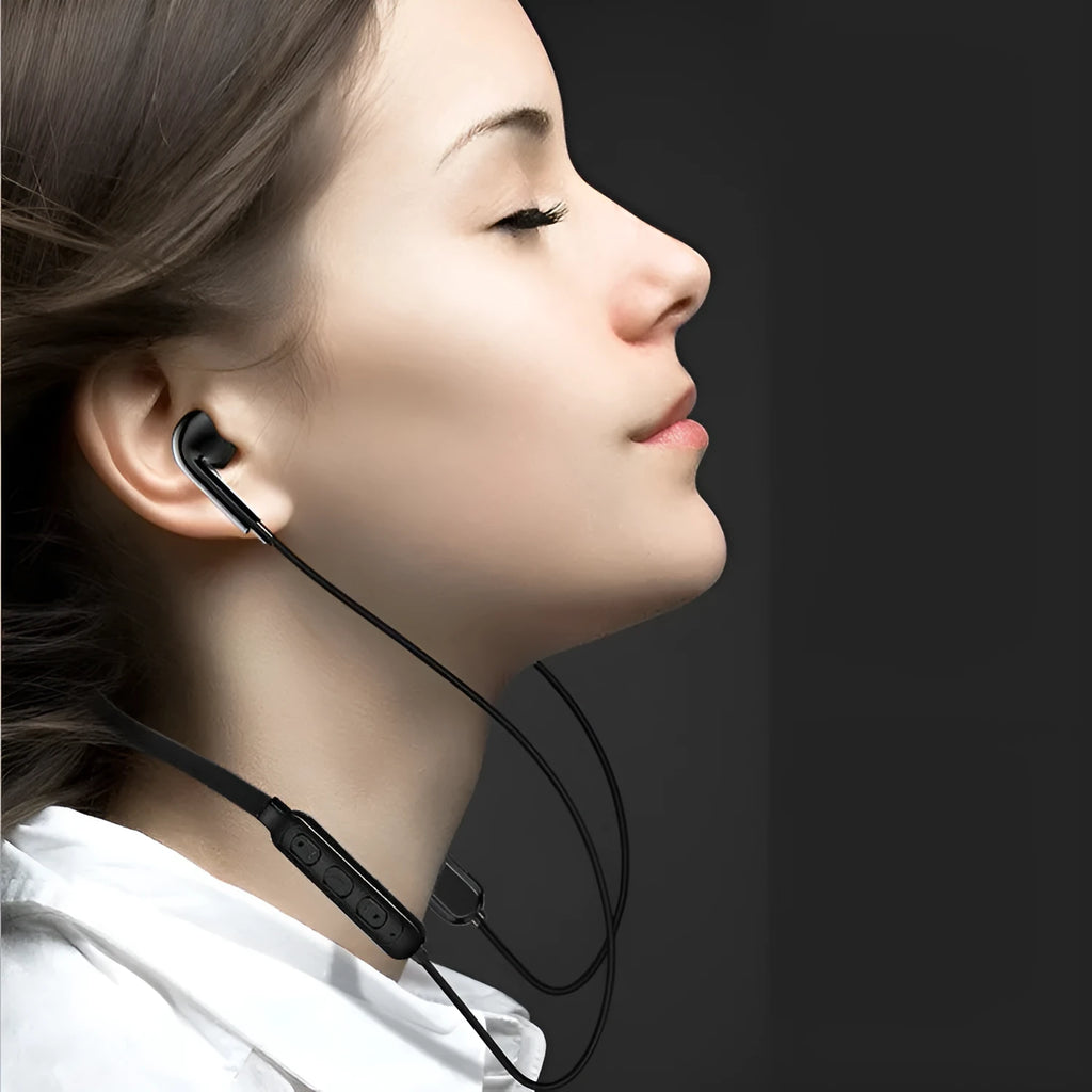 Bluetooth halter stereo sports headset in black, with neckband design and Blue News 5.0 chip
