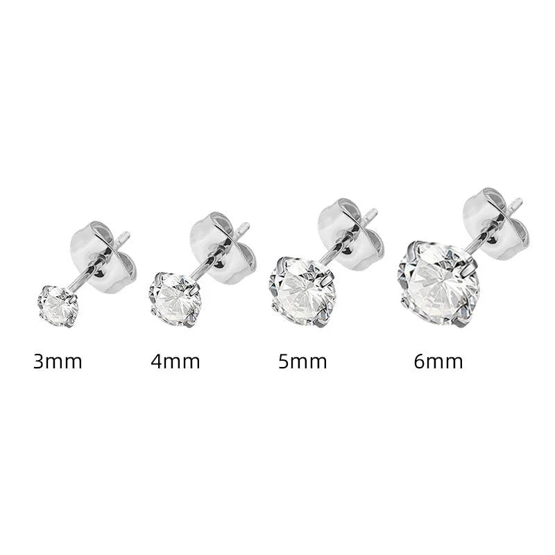 Geometric square and round zircon stud earrings in stainless steel with gold or steel electroplating