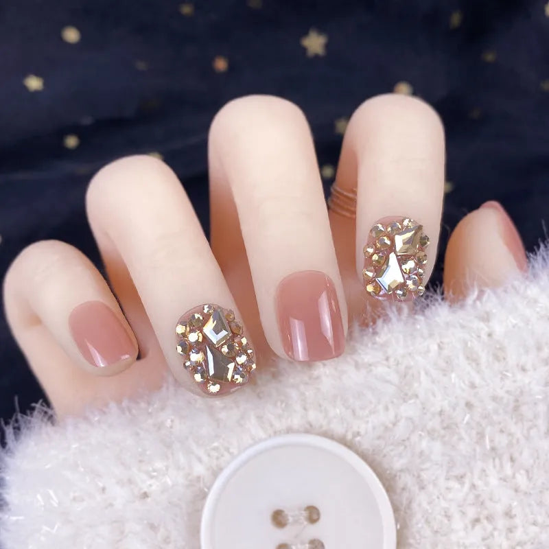 Champagne gold full diamond fake nail patches, 24-piece wearable set, colour ZD-101, nail sequins