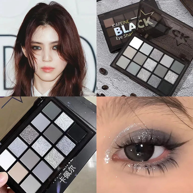 15-colour Night Elf eyeshadow palette showing matte and shimmer shades for smoky makeup.