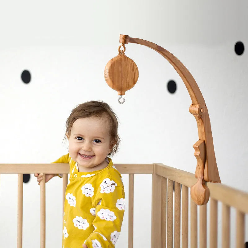 Newborn wood grain bracket music box bed bell with foldable stand for infant coordination