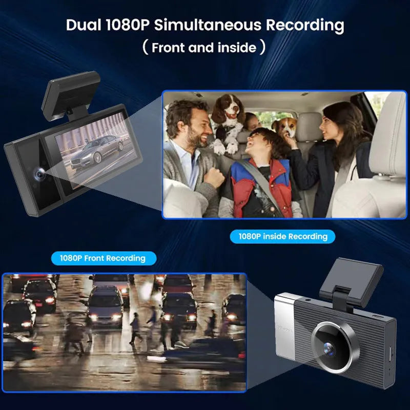 Wi-Fi driving recorder dash cam with 3-inch screen, shown with mobile app connection and multiple lens configuration options