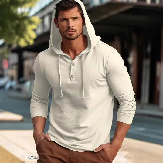 Men's casual cotton pullover hoodie in dark blue colour with long sleeves.