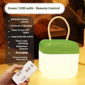 LED hanger solid color portable rechargeable light in green with remote control on a table