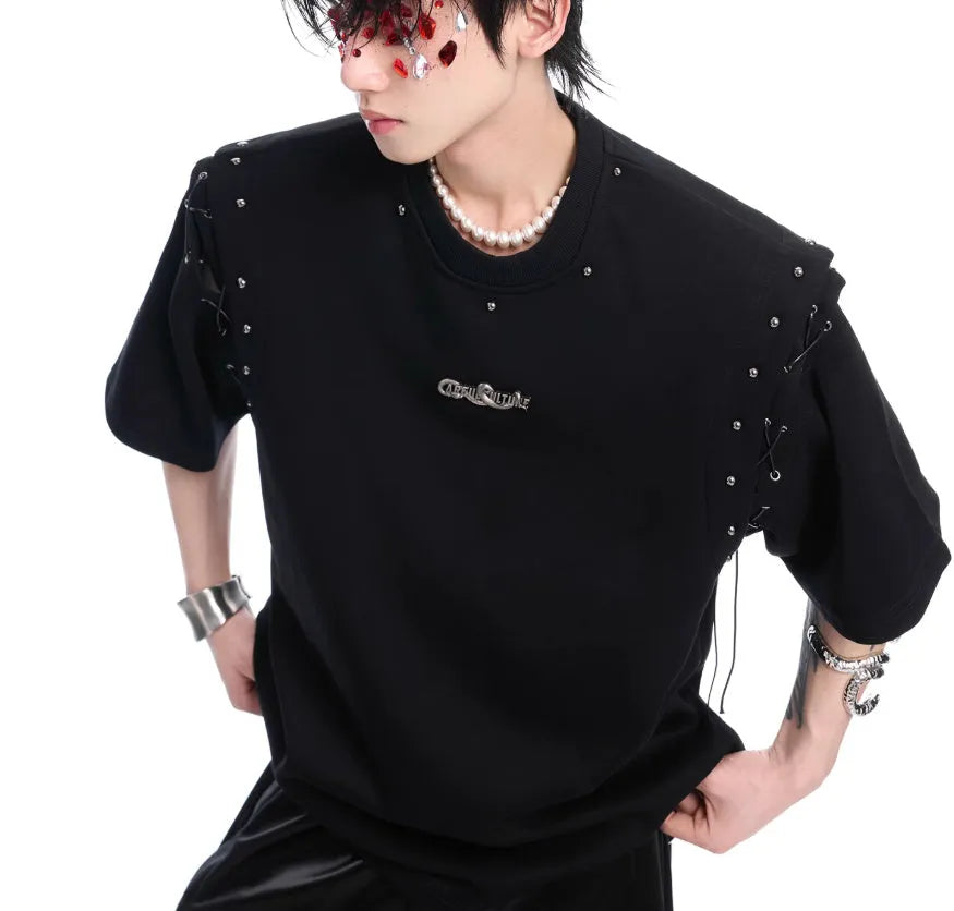 Deconstructed lace-up cutout short sleeve T-shirt in black and white colour options