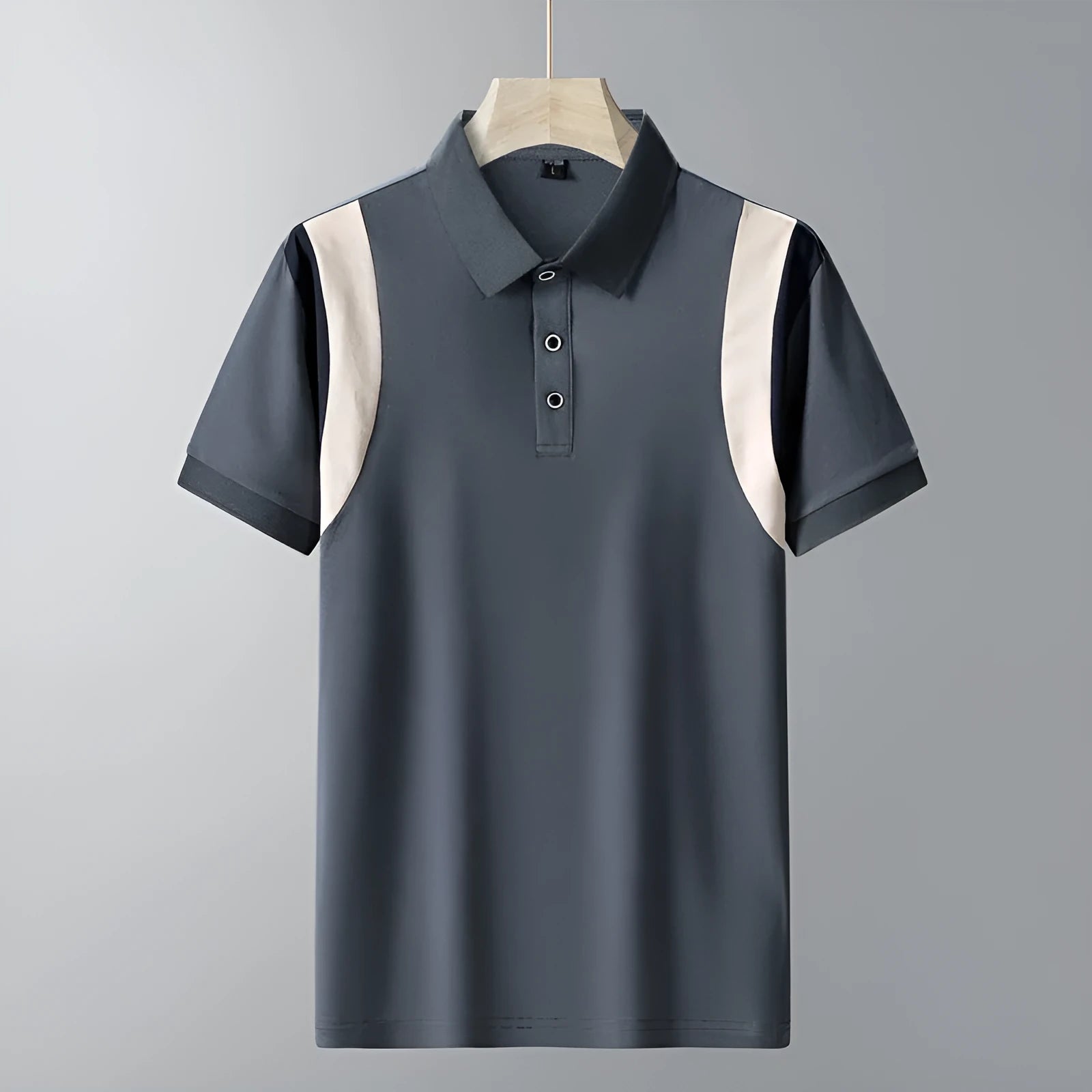 Men's grey striped short sleeve t-shirt with a business lapel and loose fit.