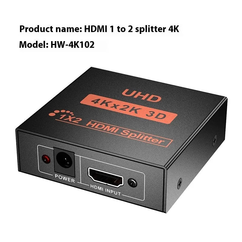 HDMI splitter host unit with USB power lead for duplicating 4K or 1080P signal to two displays