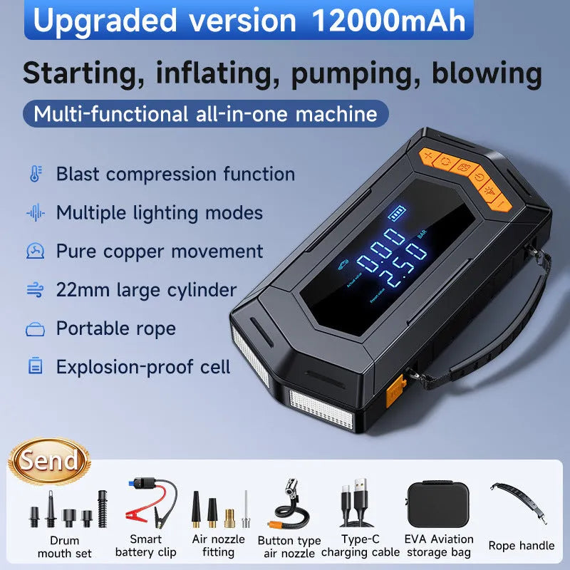 Car emergency starter power bank with air compressor, smart battery clips, and Eva storage bag