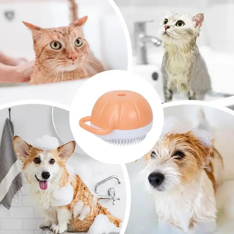 Orange TPR dog bath brush with shampoo dispenser and pumpkin-shaped grip