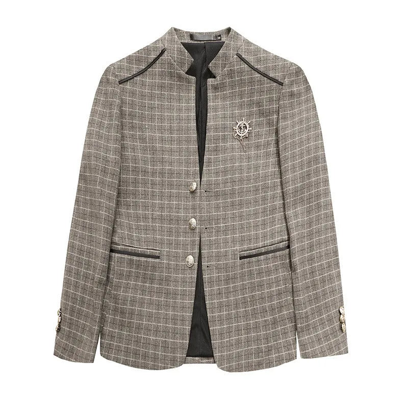 Men's plaid slim fit suit jacket in brown, gray, khaki, or light green, acetate fibre with polyester lining, sizes M to 4XL