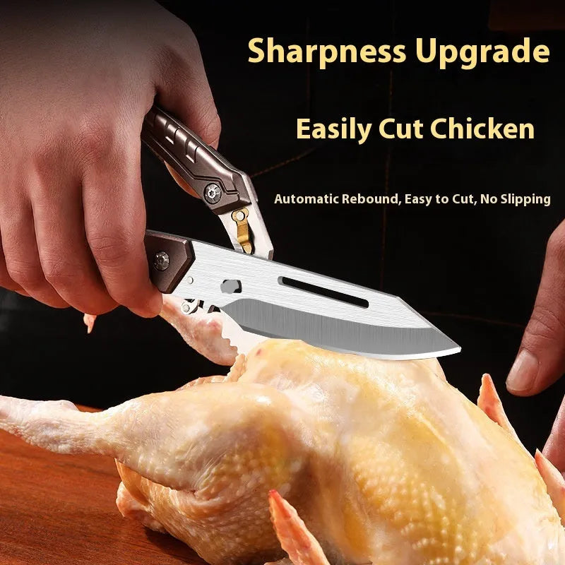 Household multi-functional chicken bone scissors stainless steel kitchen food scissors brown and silver