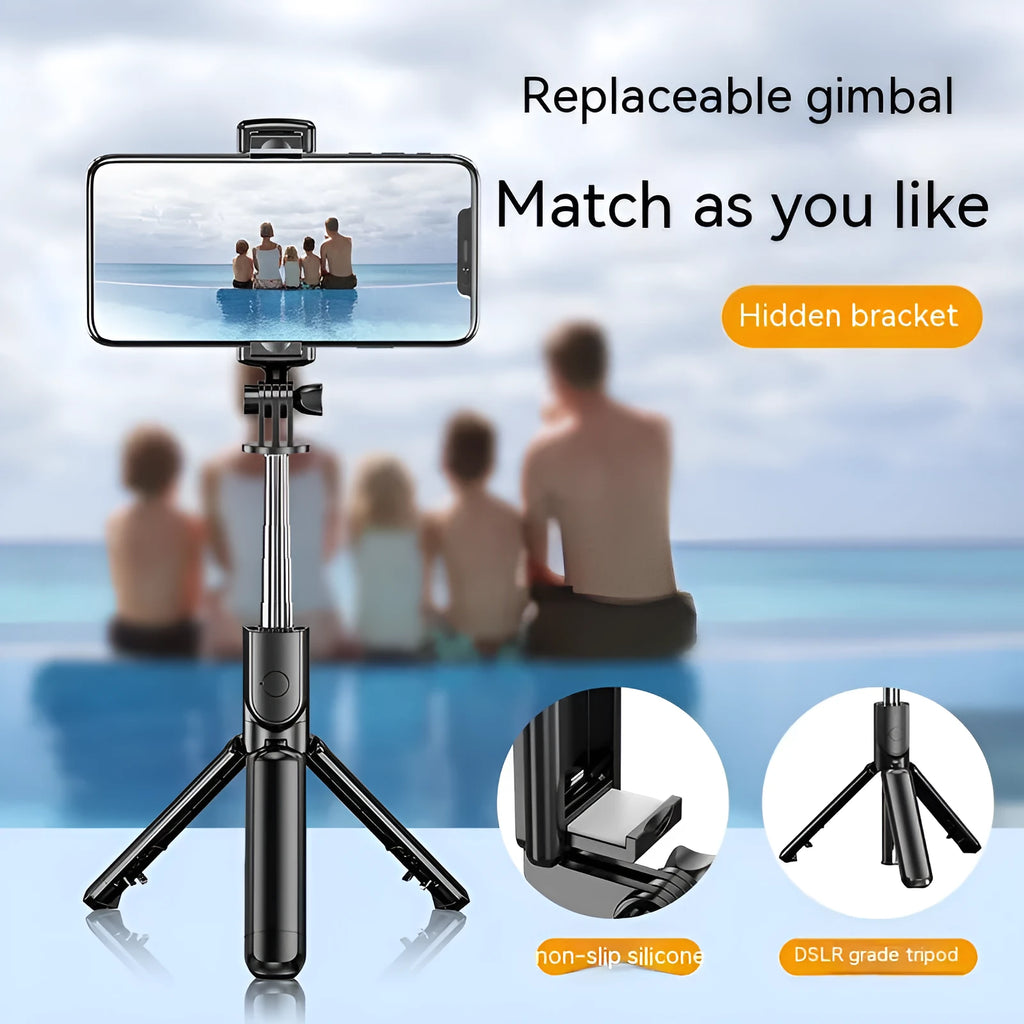 Black selfie stick tripod with wireless Bluetooth remote, universal phone holder, and optional ribbon fill light