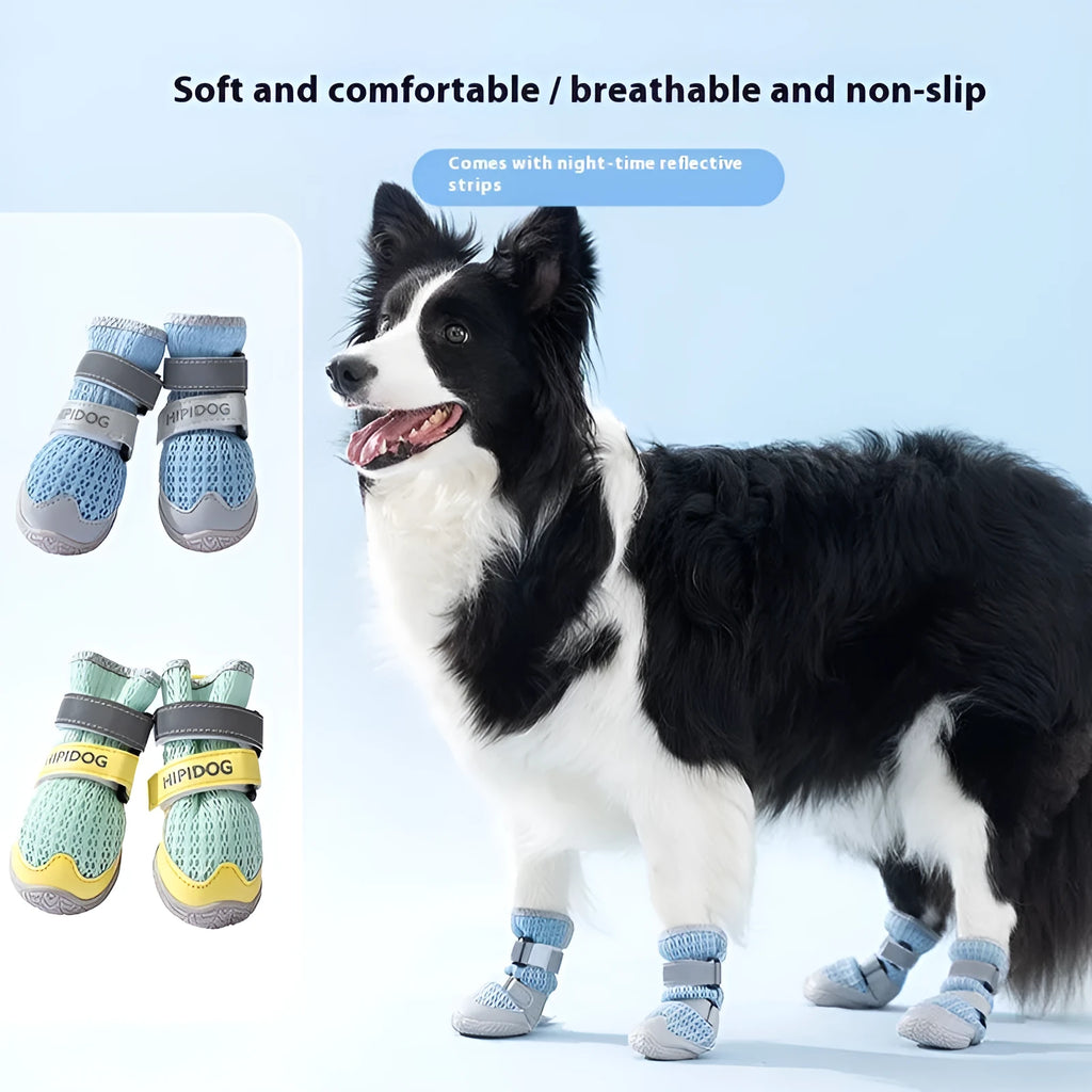 Cartoon-style blue and green dog shoes with breathable PU material and wear-resistant soles on a summer pavement.
