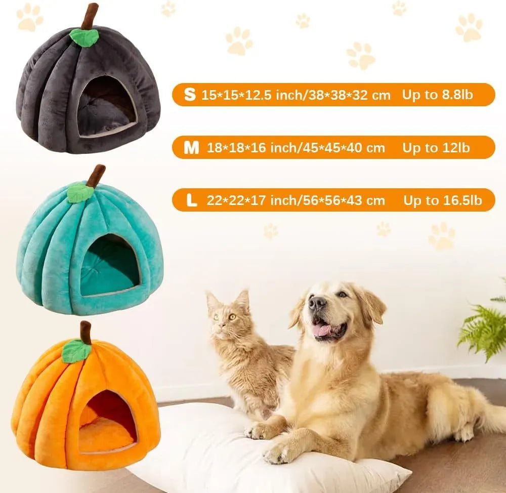 Pumpkin-shaped cat bed in blue, showing semi-enclosed cave design and plush fabric entrance.