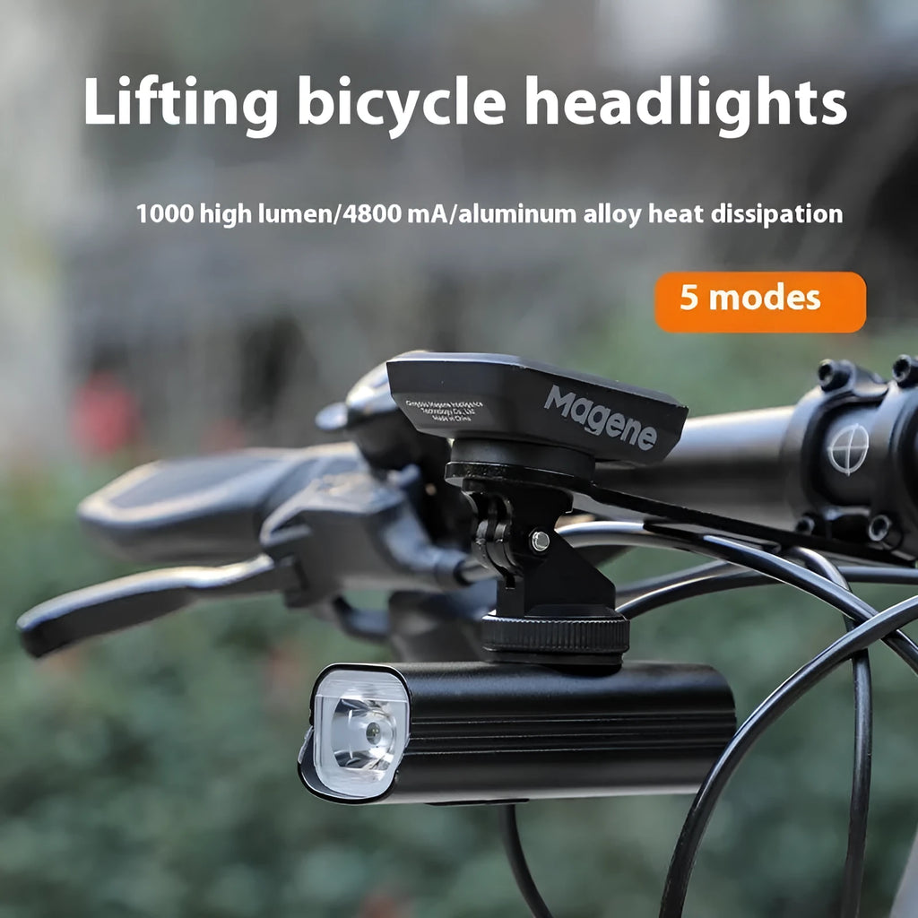 USB rechargeable bicycle headlight and taillight set with mounting bracket on a black background.