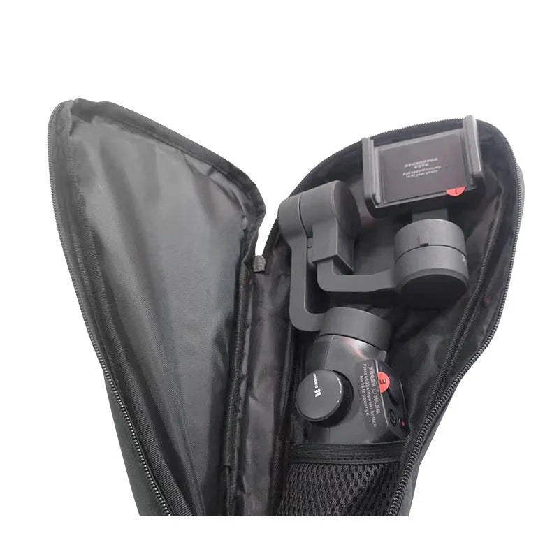 Black cloth storage pouch for a mobile phone gimbal, shown with magnetic flap open.