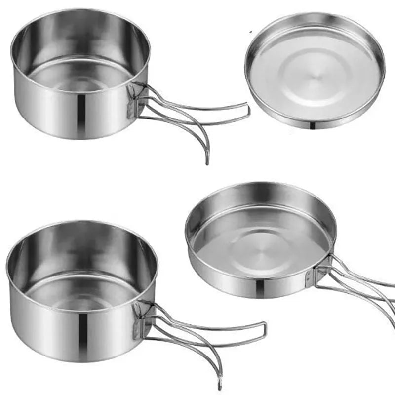 Silver stainless steel camping cookware set with 4 round pots for outdoor cooking