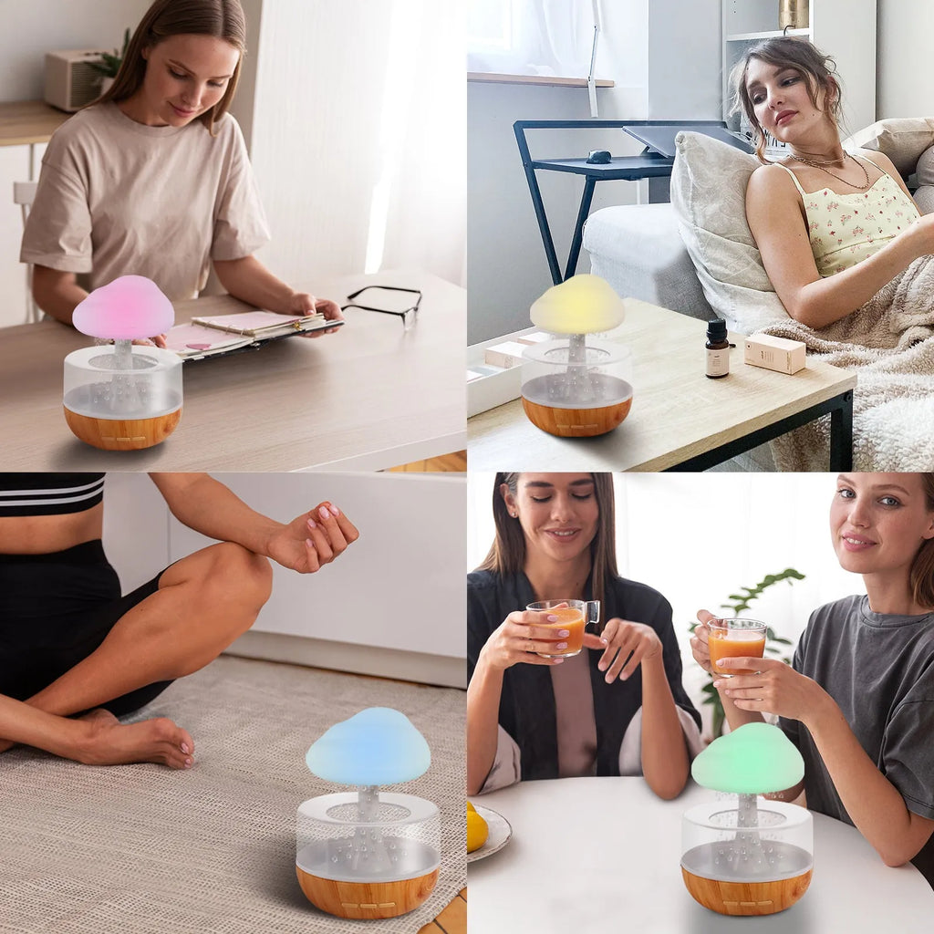 White cloud-shaped humidifier with colour changing night light and essential oil diffuser