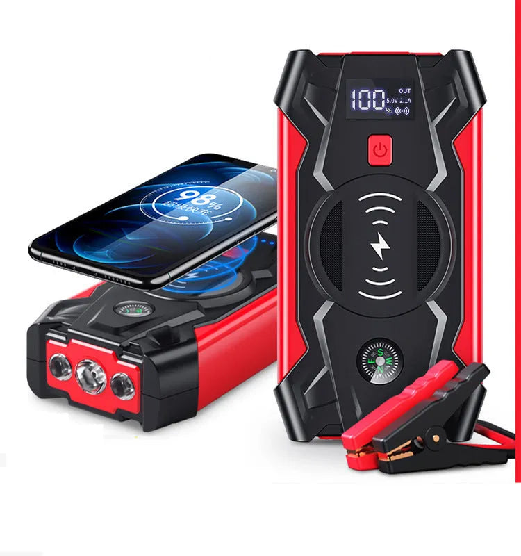 Red 12V car battery jump starter power pack with digital display and heavy-duty crocodile clips
