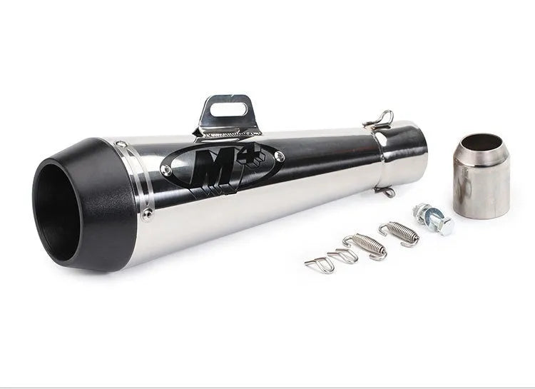 M4 universal motorcycle exhaust pipe in stainless steel, showing various finish options like black, titanium, and half blue.