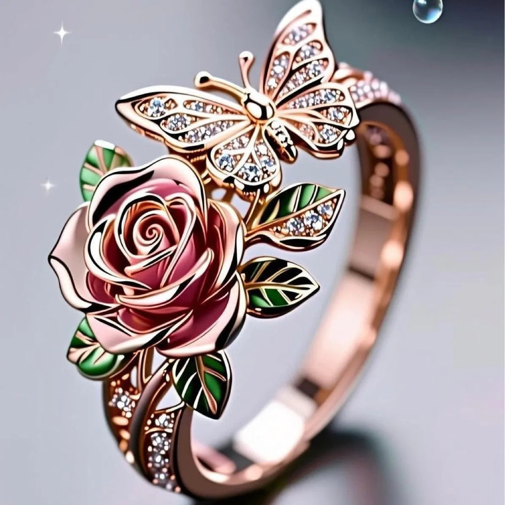 Close-up of an adjustable alloy butterfly ring with colourful oil-drip finish and floral details.