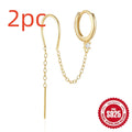 S925 sterling silver geometric stud earrings with diamond, flower, and tassel chain design in a golden colour.