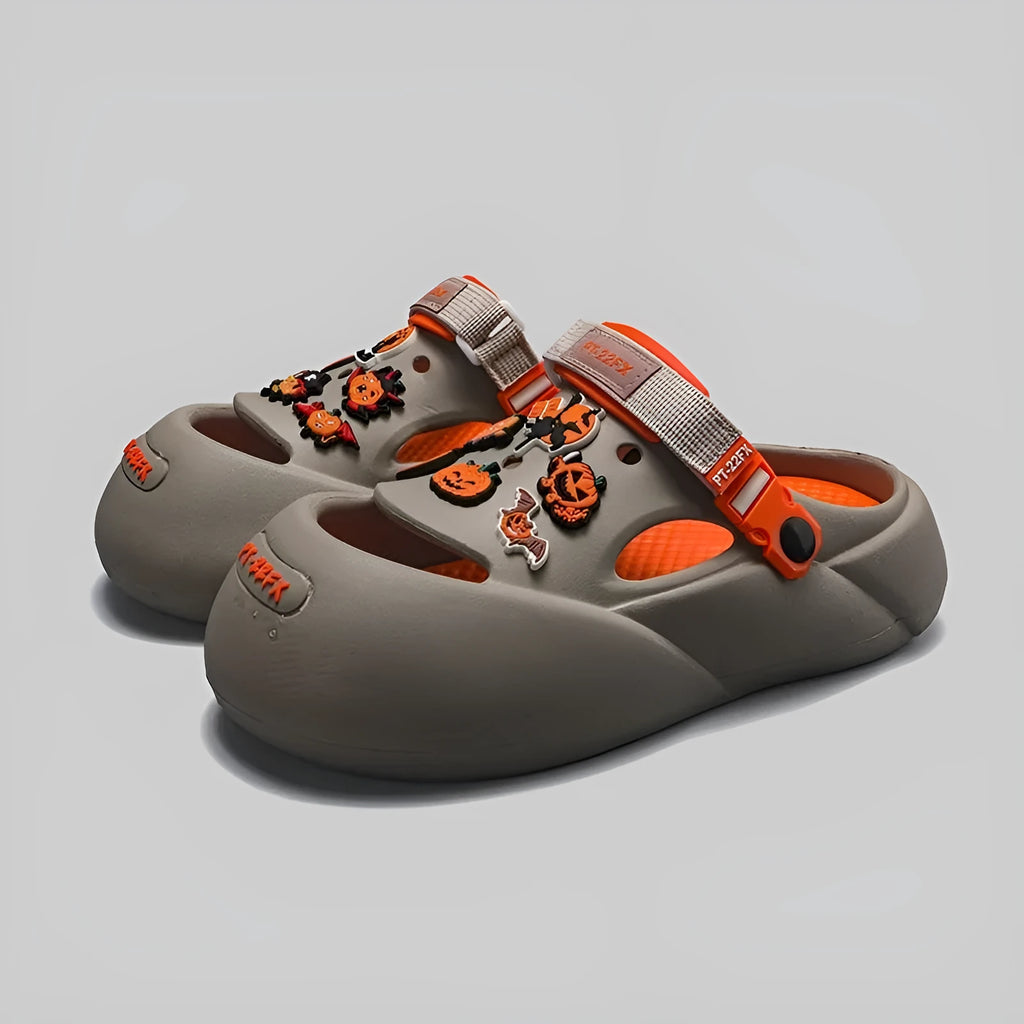 Men's grey baotou-style beach sandals with multiple drainage holes and a lightweight EVA sole.