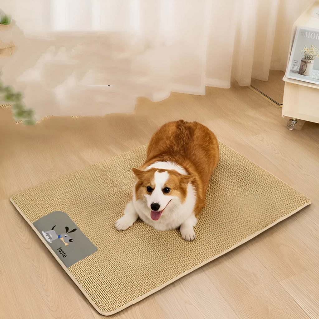 Beige woven cooling mat for cats and dogs on a wooden floor, showing size M