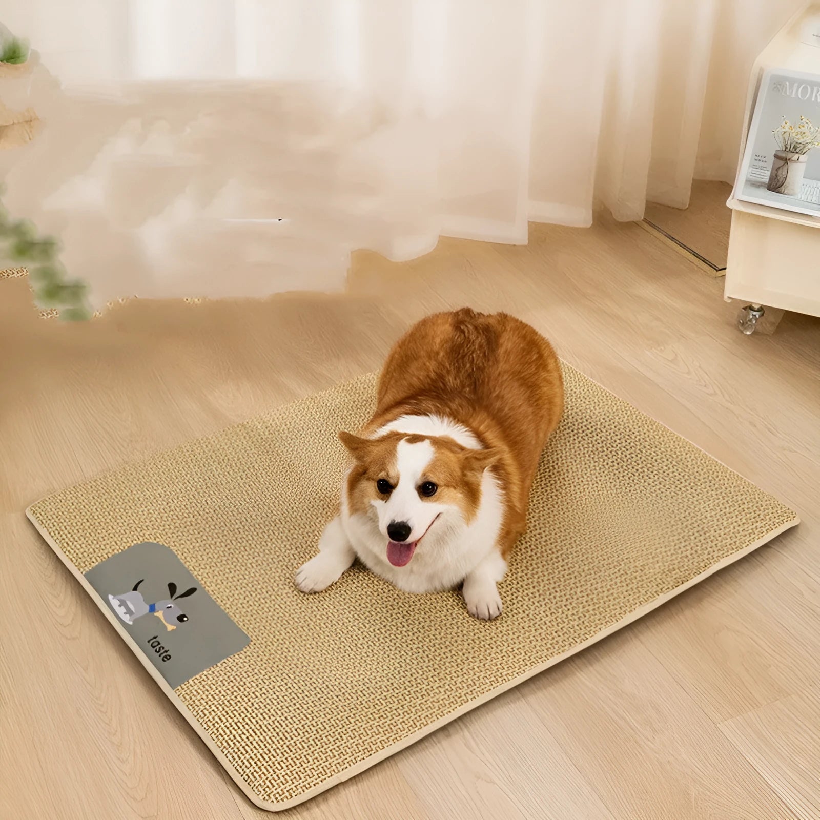 Beige woven cooling mat for cats and dogs on a wooden floor, showing size M