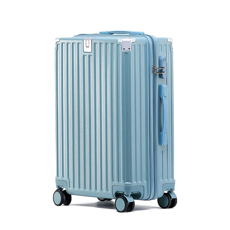 Aluminium frame trolley suitcase in avocado green with multi-functional pockets and USB port.