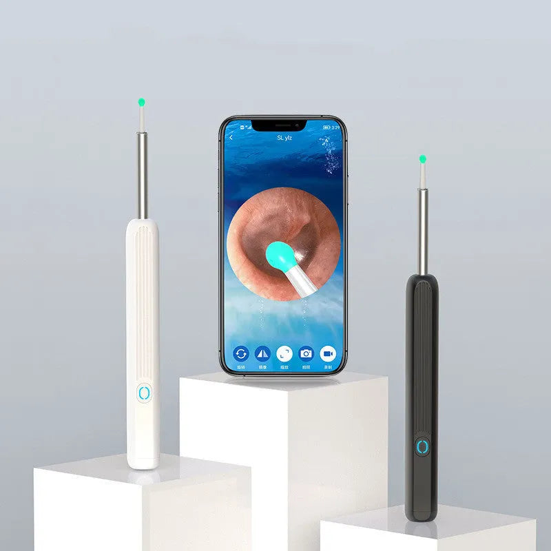 NE3 wireless otoscope ear cleaner with camera, LED light, and spoon heads on a white background.