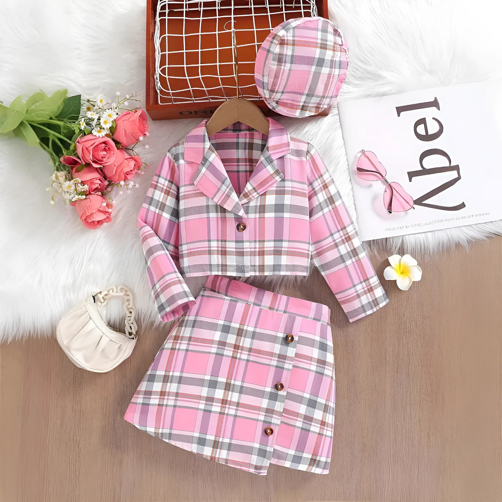 Girls plaid two-piece set with long-sleeved jacket and short skirt in pink, khaki, or black and gray