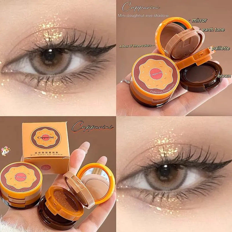 Mini donut eye shadow palette with three pink and brown shades in a thin compact