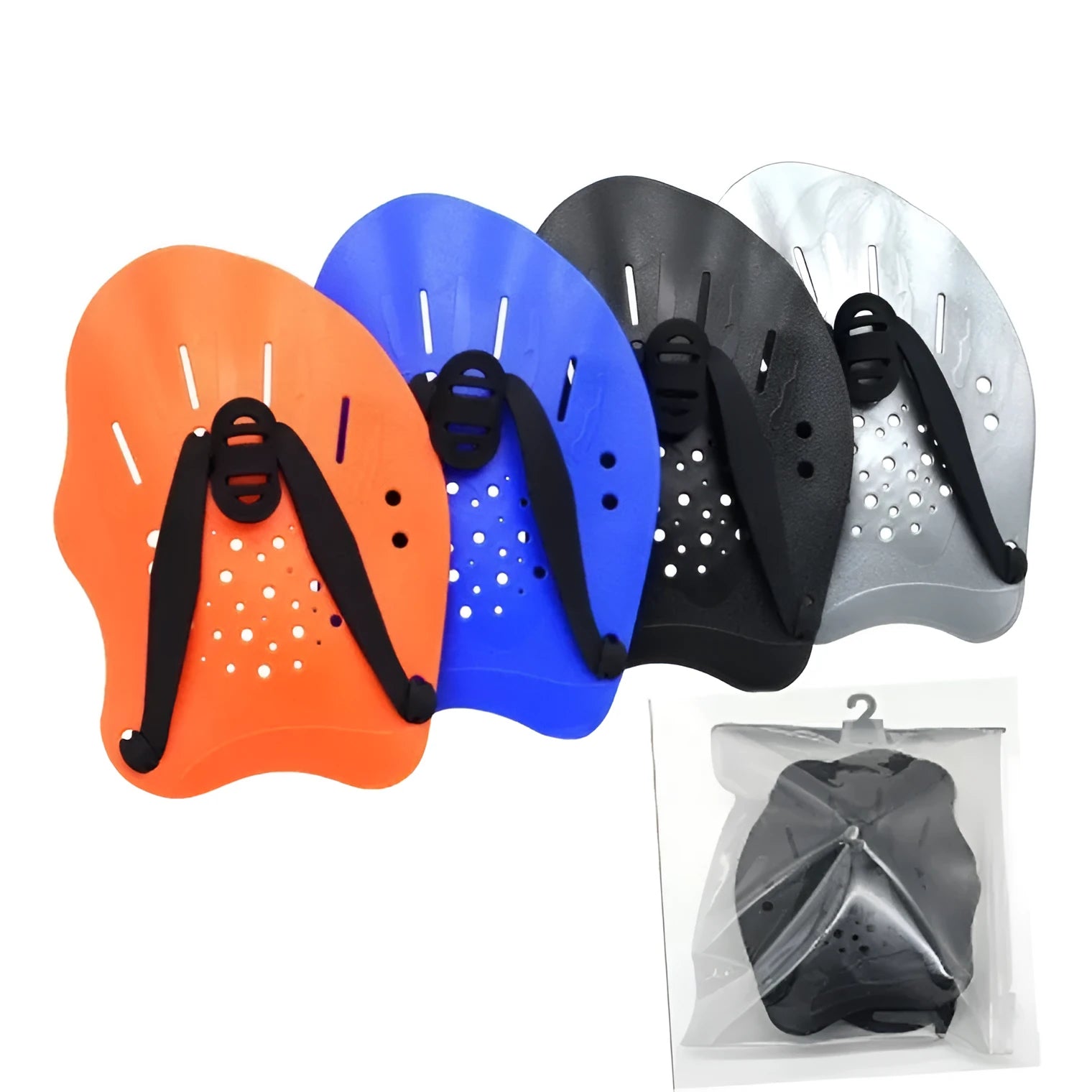 A pair of black swim training paddles for freestyle stroke, shown from above with finger holes visible.