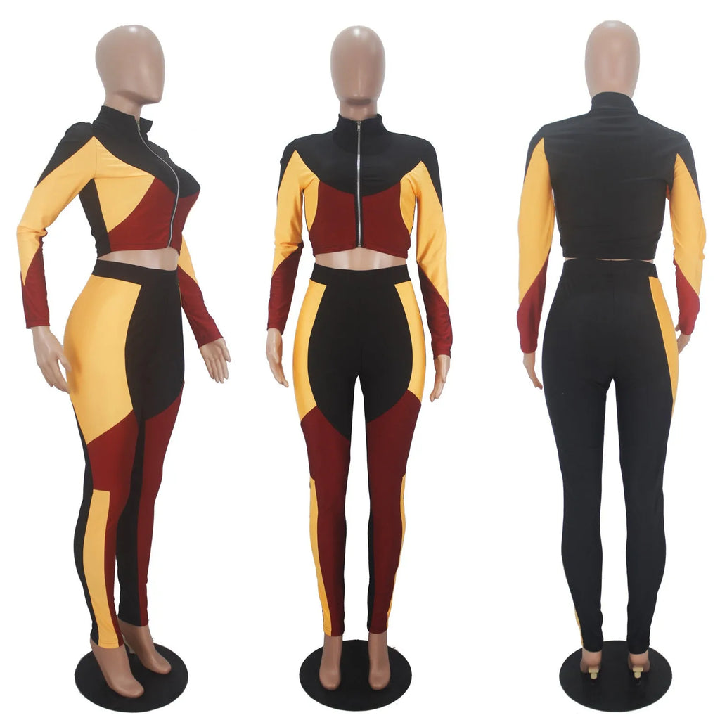 Women's three-colour stitching long-sleeved sports two-piece suit in green, red or purple, elastic satin top and trousers, sizes S-XL
